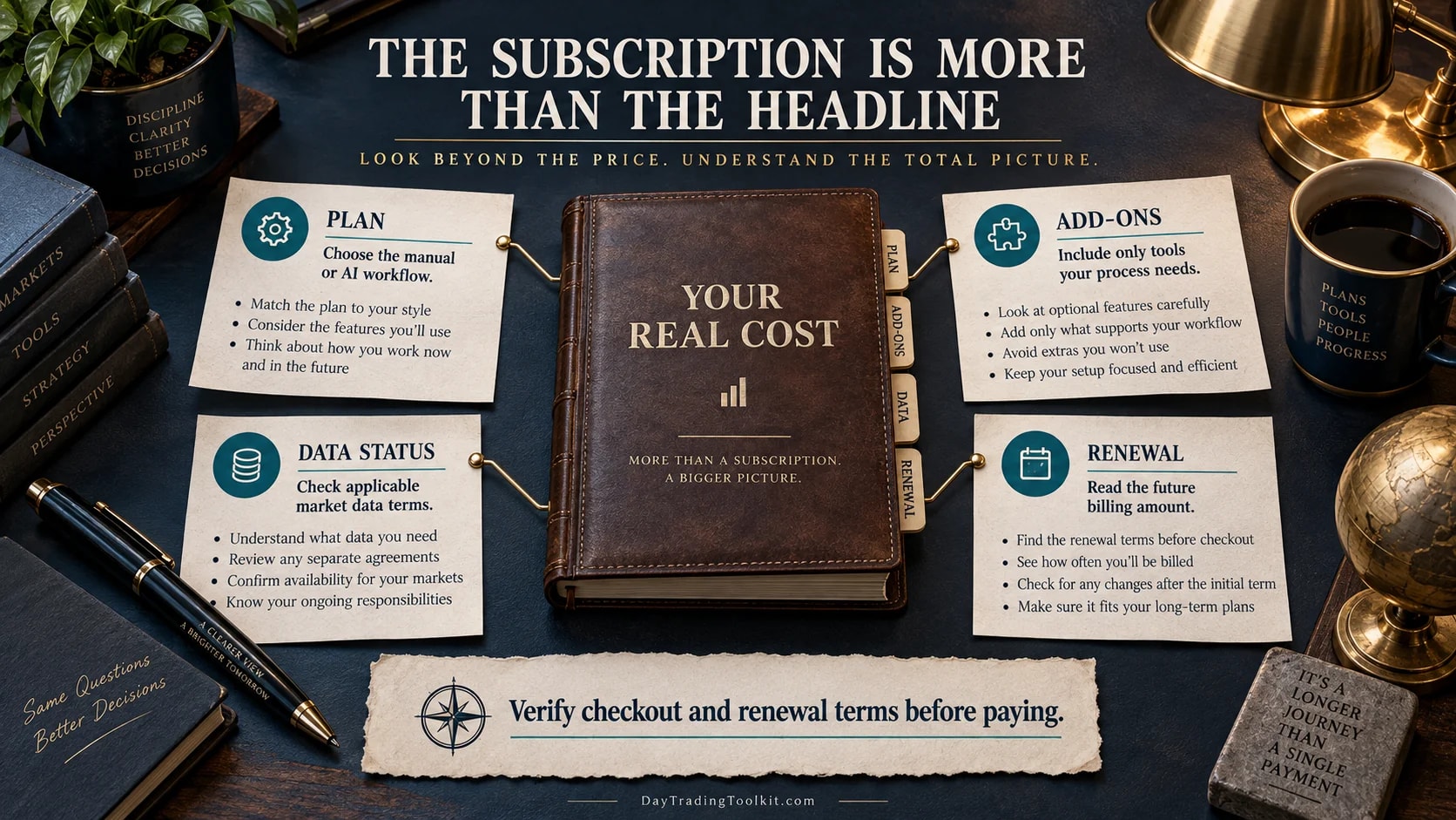 Plan, add-ons, data status, and renewal terms in a subscription cost check.