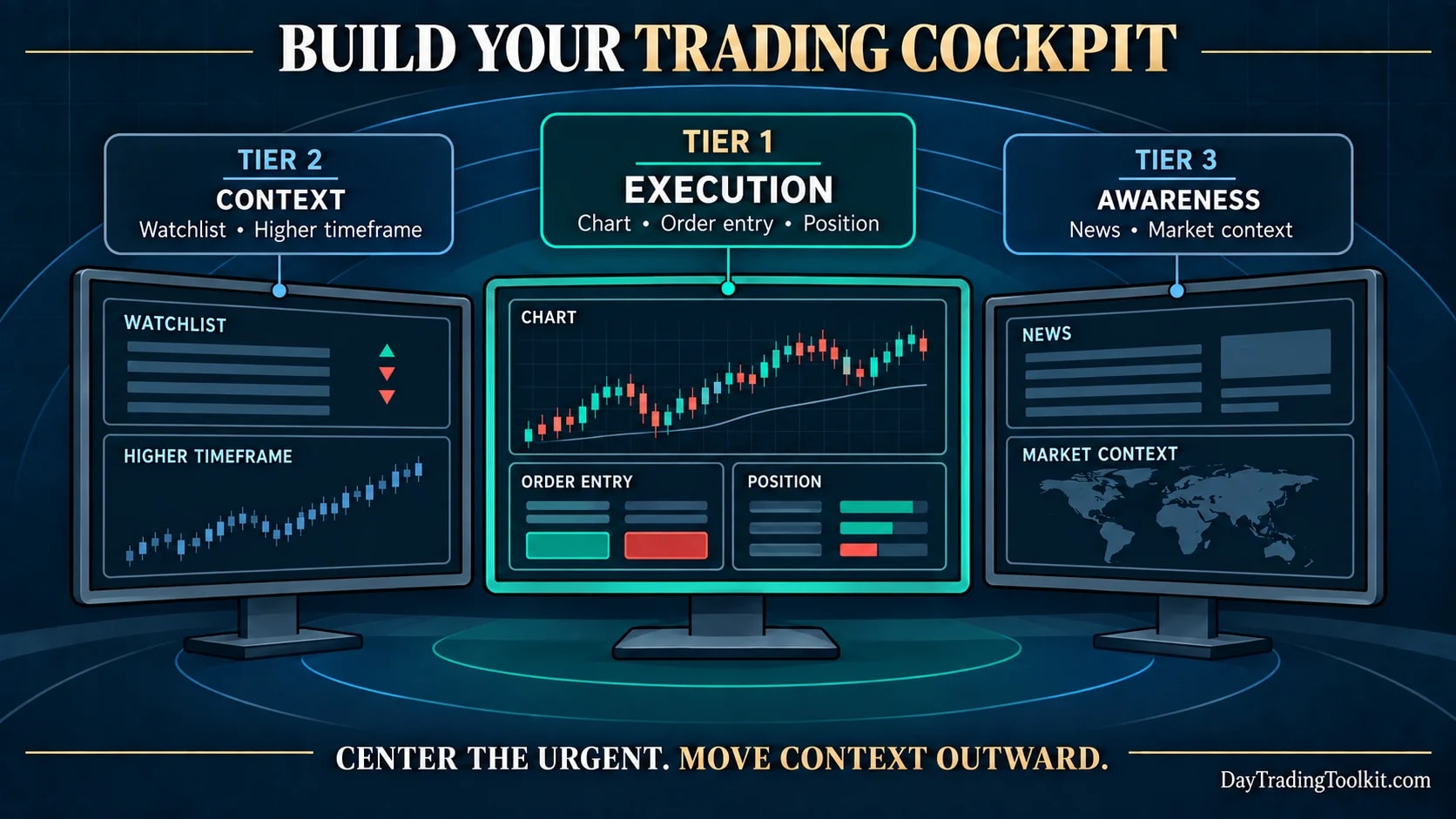 Three-monitor trading layout placing execution in the center, supporting context on the left, and market awareness on the right.