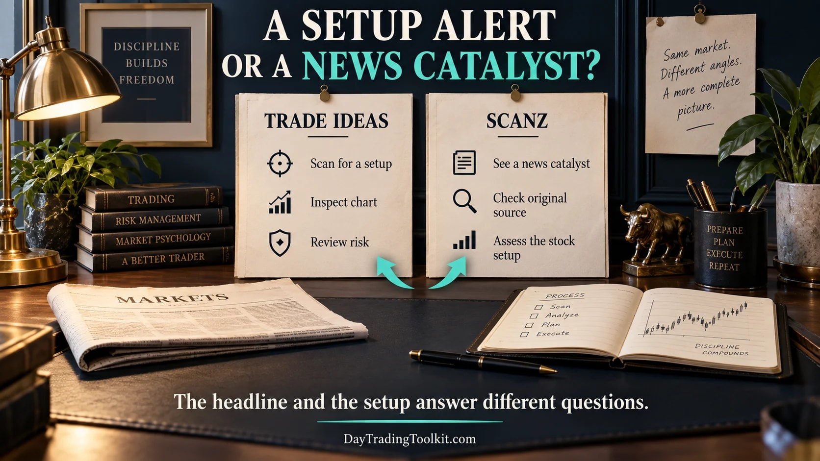 Trade Ideas setup-alert path beside Scanz news-catalyst path.