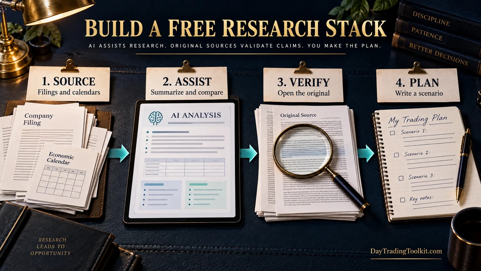 Layered research workflow using free AI assistants, charts, and source checks.