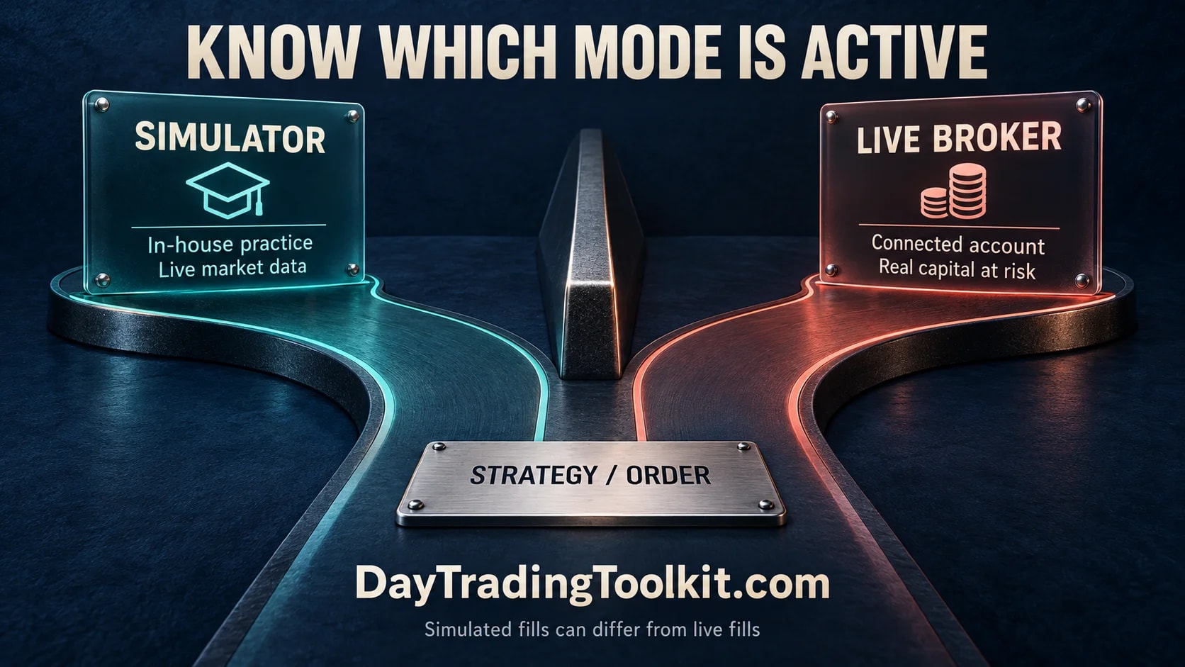 Separate simulator and live-broker paths show practice on live market data versus orders using real capital.
