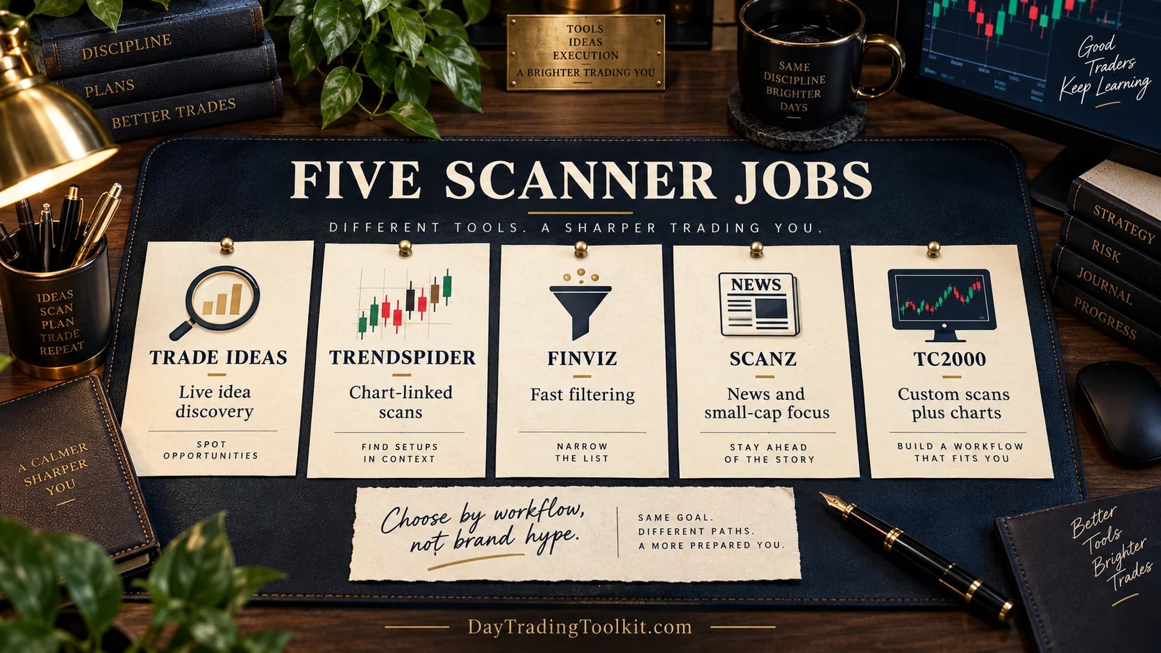 Five stock scanner products mapped to distinct discovery, chart-linked, filtering, news, and scan-and-chart jobs.