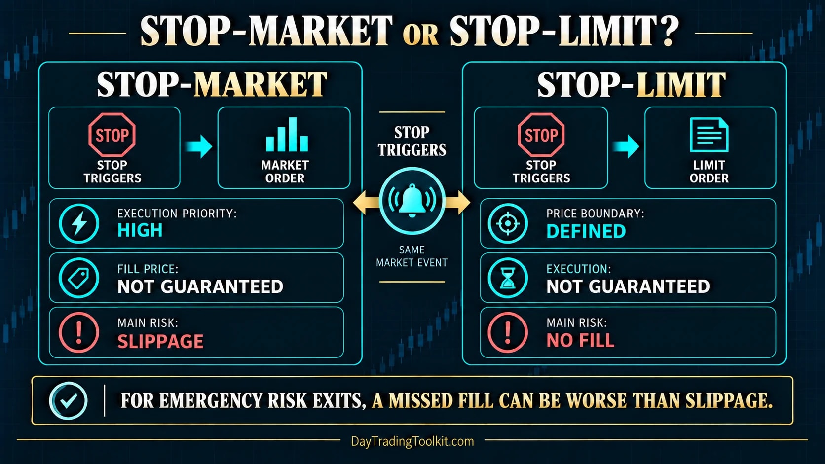 Stop-market versus stop-limit order execution and fill trade-offs