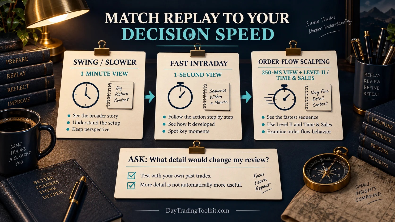 Slower and faster trading decisions are matched to appropriate replay detail.