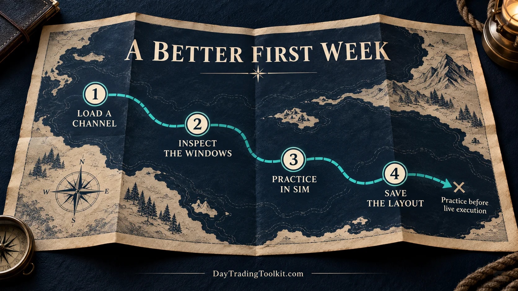 Four-step first-week route: load a Channel, inspect its windows, practice in the simulator, and save the layout.