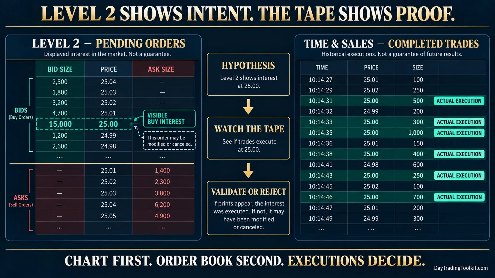 Level 2 pending orders compared with Time and Sales completed executions to distinguish displayed intent from actual trades.