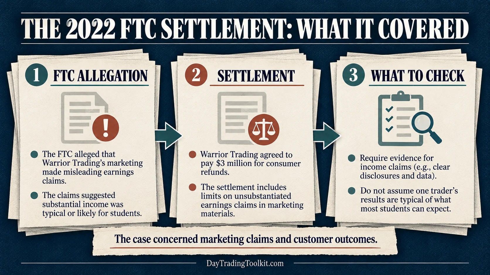 FTC allegation, Warrior Trading settlement, and a checklist for assessing trading education income claims.