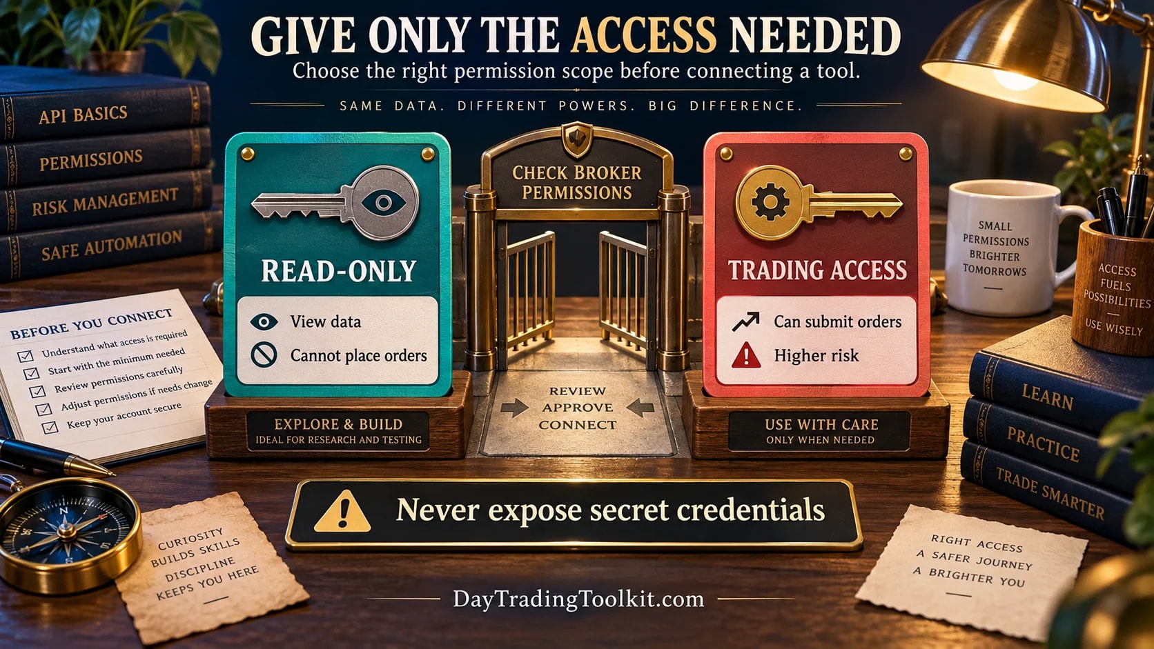 Broker API access levels progress from viewing data to placing orders, with credentials protected and permissions limited.