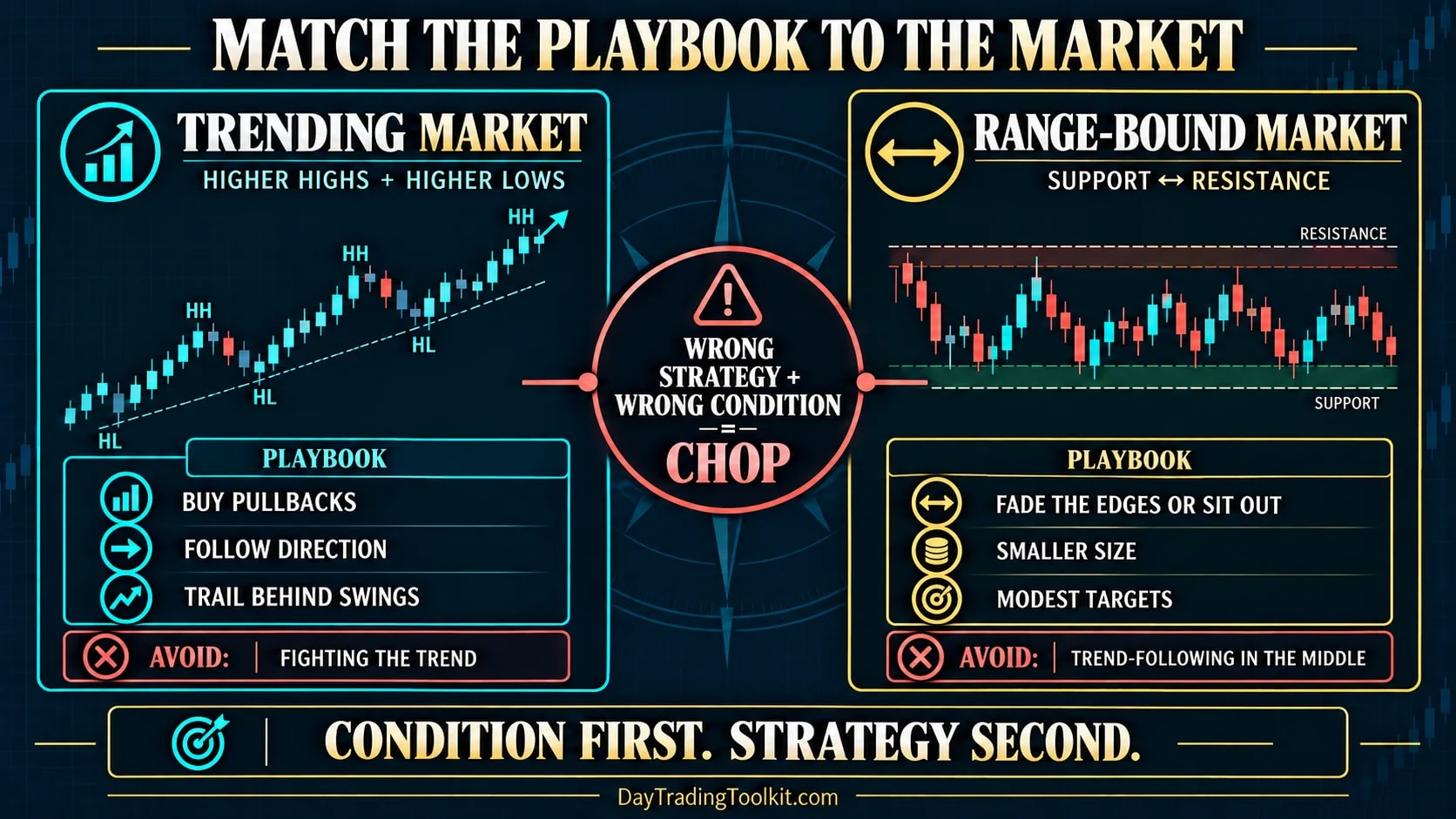 Matching the playbook to the market: buy pullbacks and trail in a trend; fade the edges or sit out with smaller size in a range