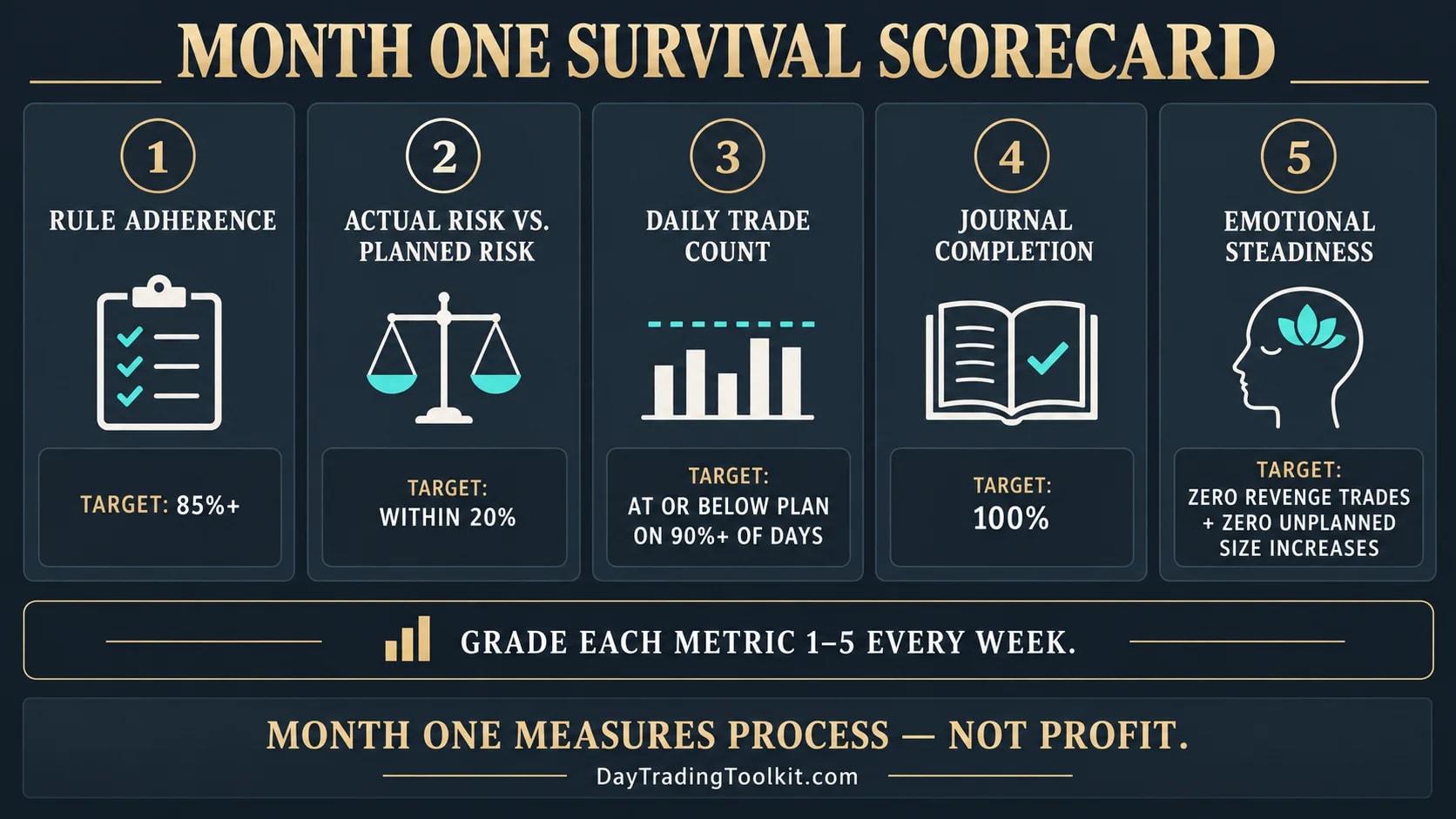 First-month trading survival scorecard tracking five process and emotional metrics instead of profit.