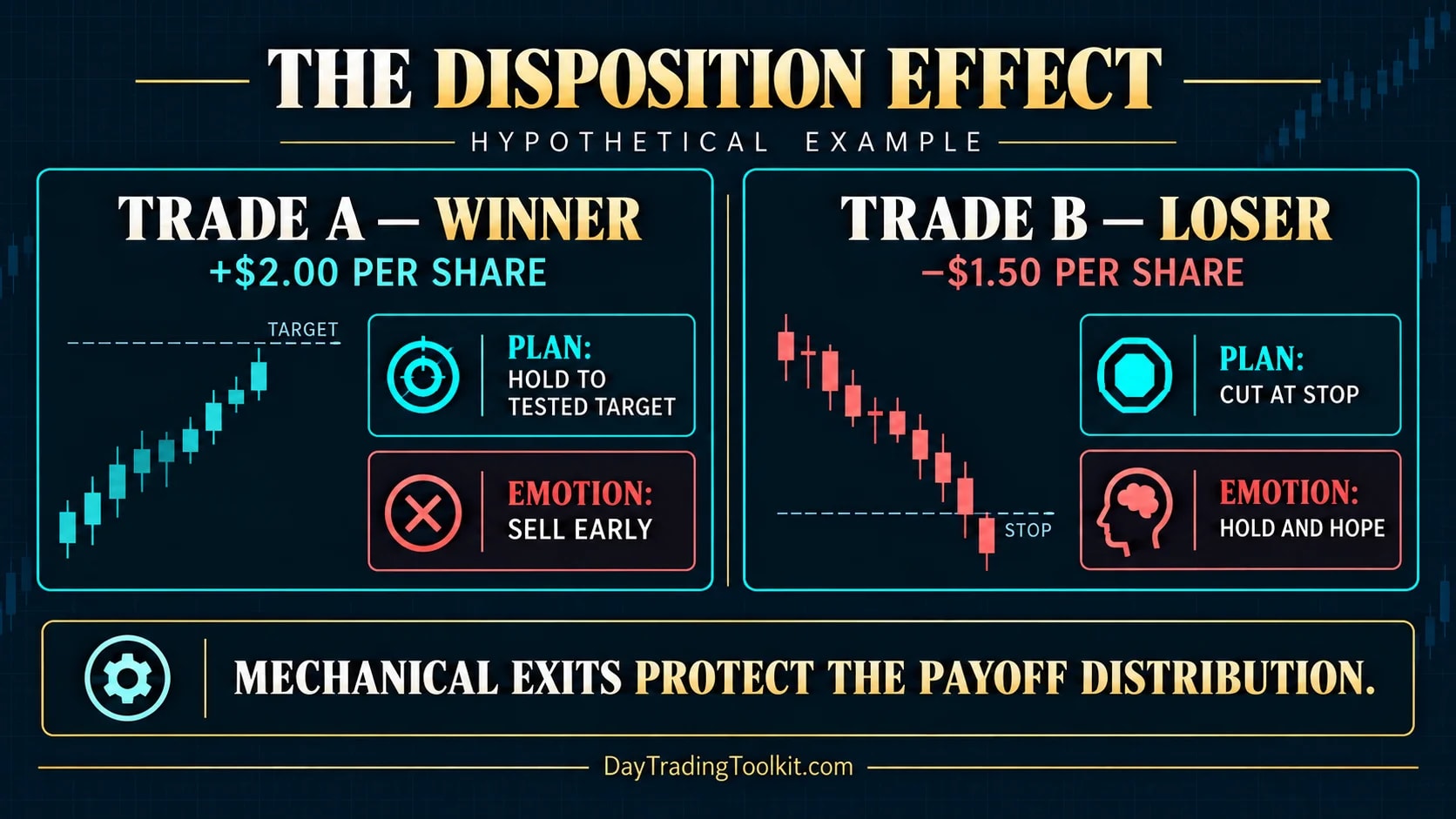 Hypothetical disposition-effect example comparing planned and emotional exits
