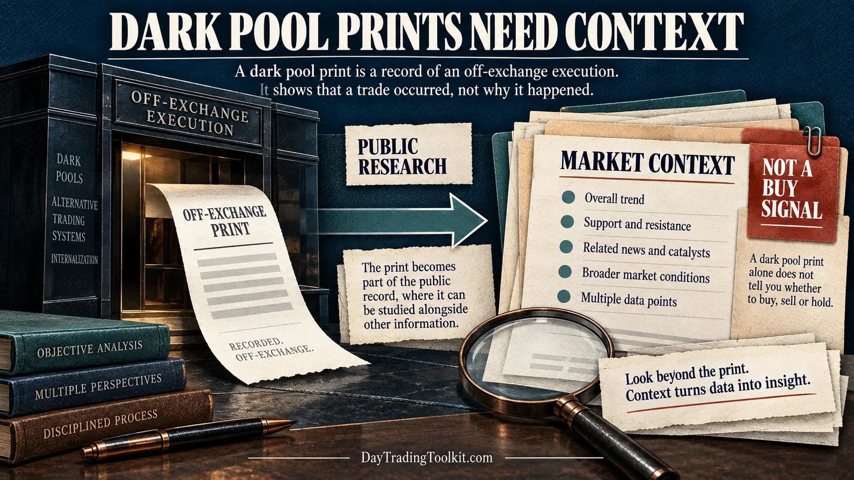 An off-exchange execution print enters a research folder marked as market context rather than a buy signal.