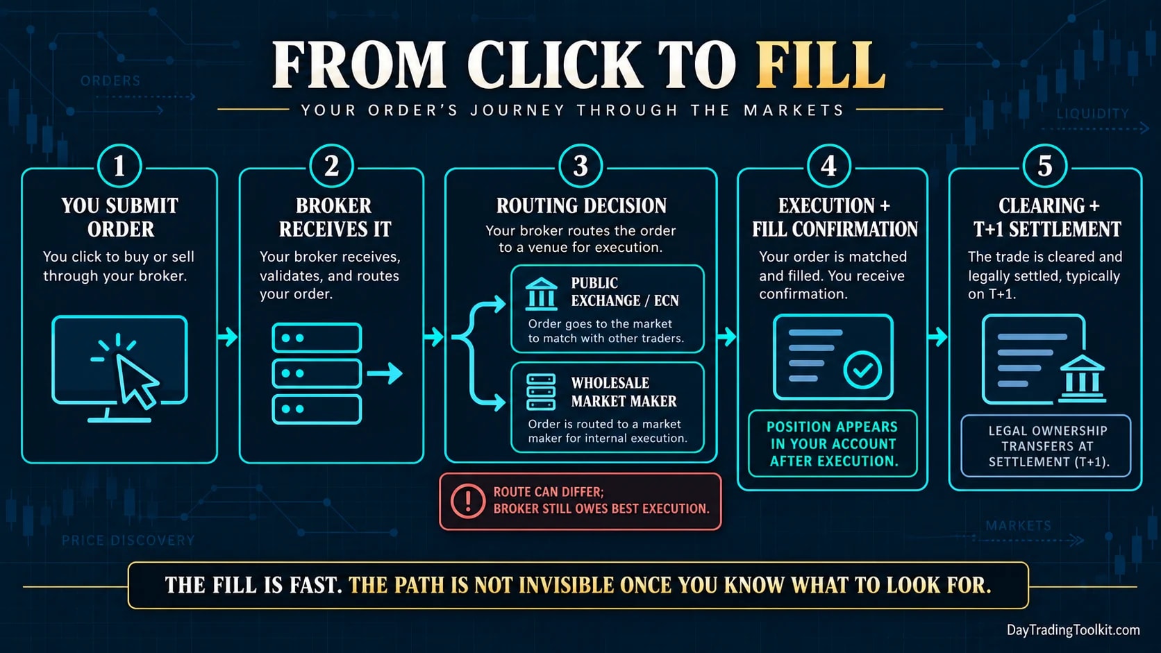 Five-step order journey moves from submission and broker routing through a venue, execution, confirmation and T+1 settlement.