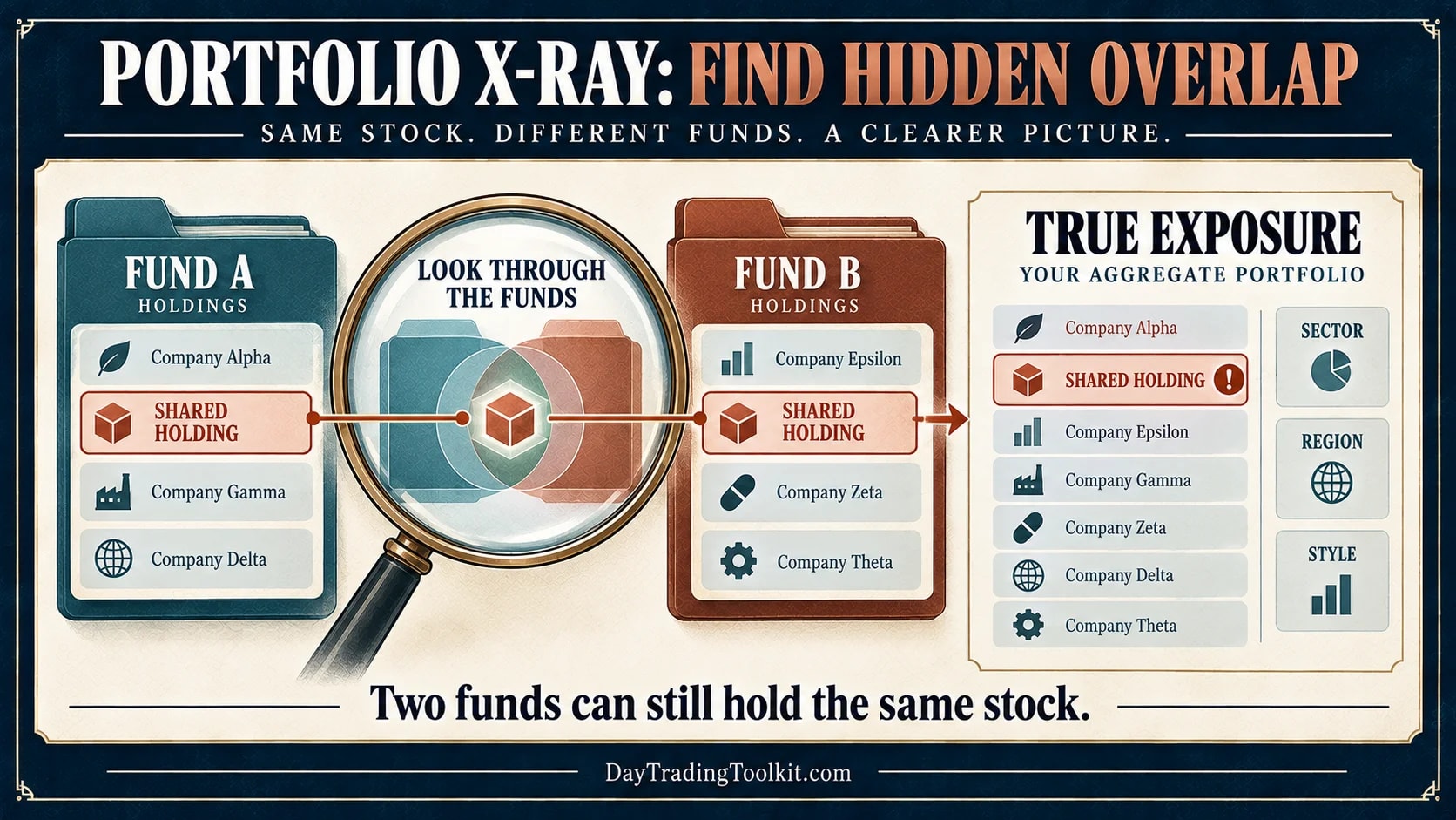 Illustrative Portfolio X-Ray view showing two anonymous funds sharing one holding, creating concentrated combined exposure.