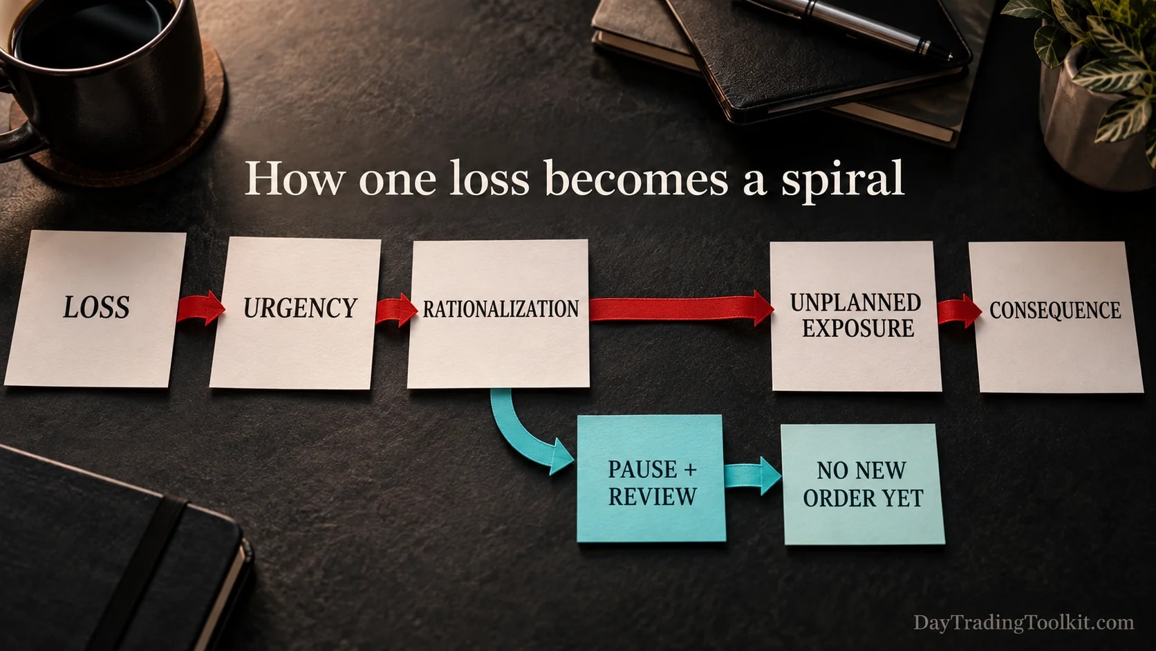Revenge-trading spiral links a loss, emotional urgency, rationalization, increased or unplanned exposure and consequences.