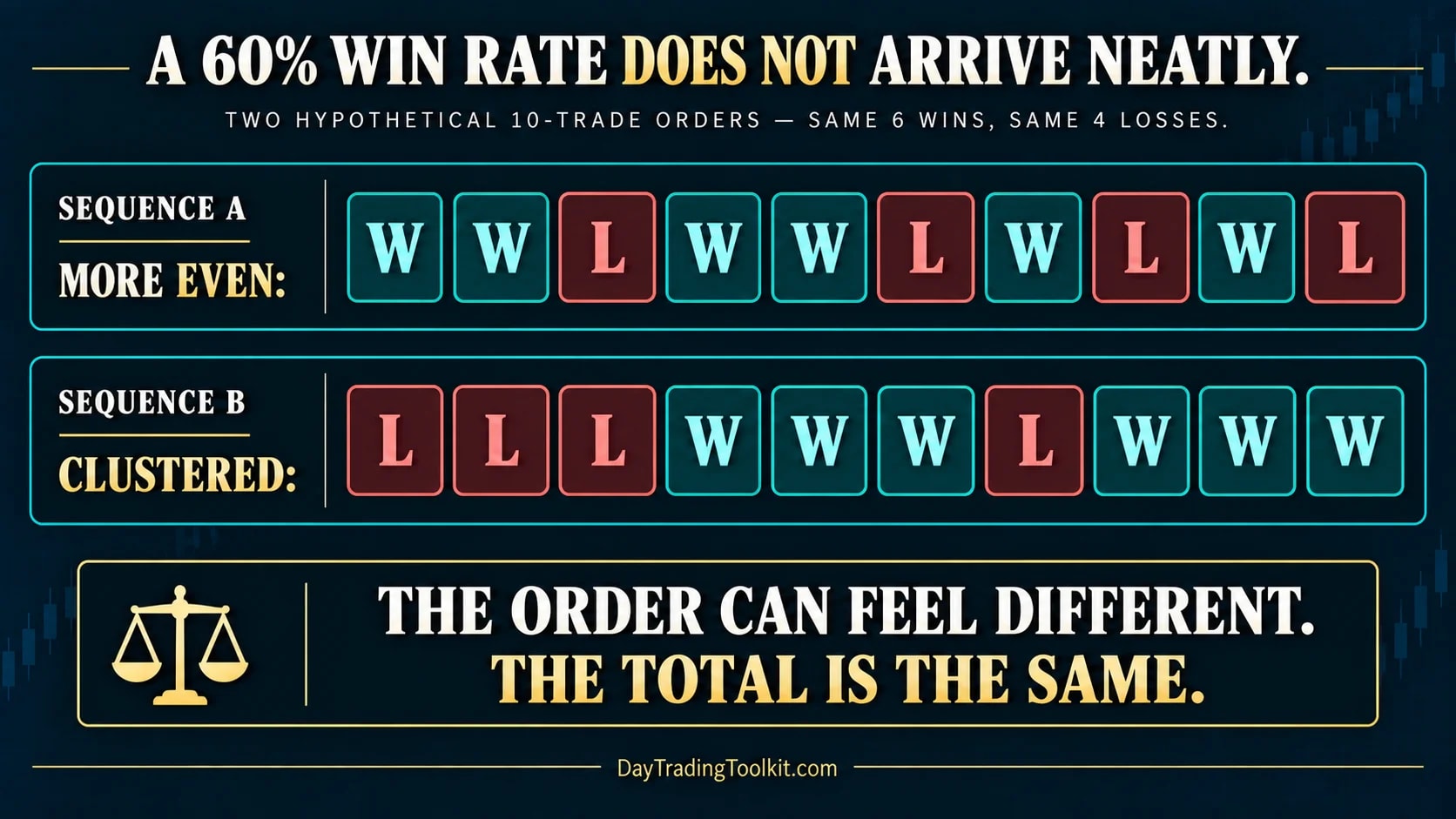 Two hypothetical 10-trade sequences with the same six wins and four losses: one evenly spread, one with three losses in a row at the start