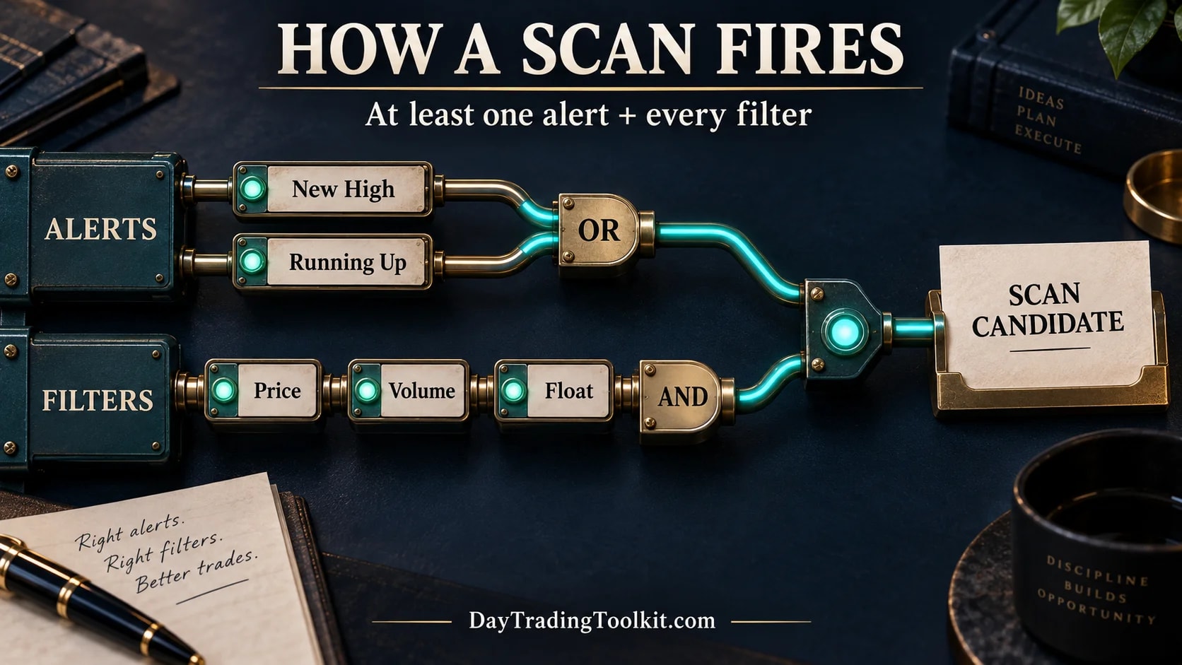 Two event alerts join with OR; price, volume, and float filters pass through AND before a matching event becomes a scan candidate.