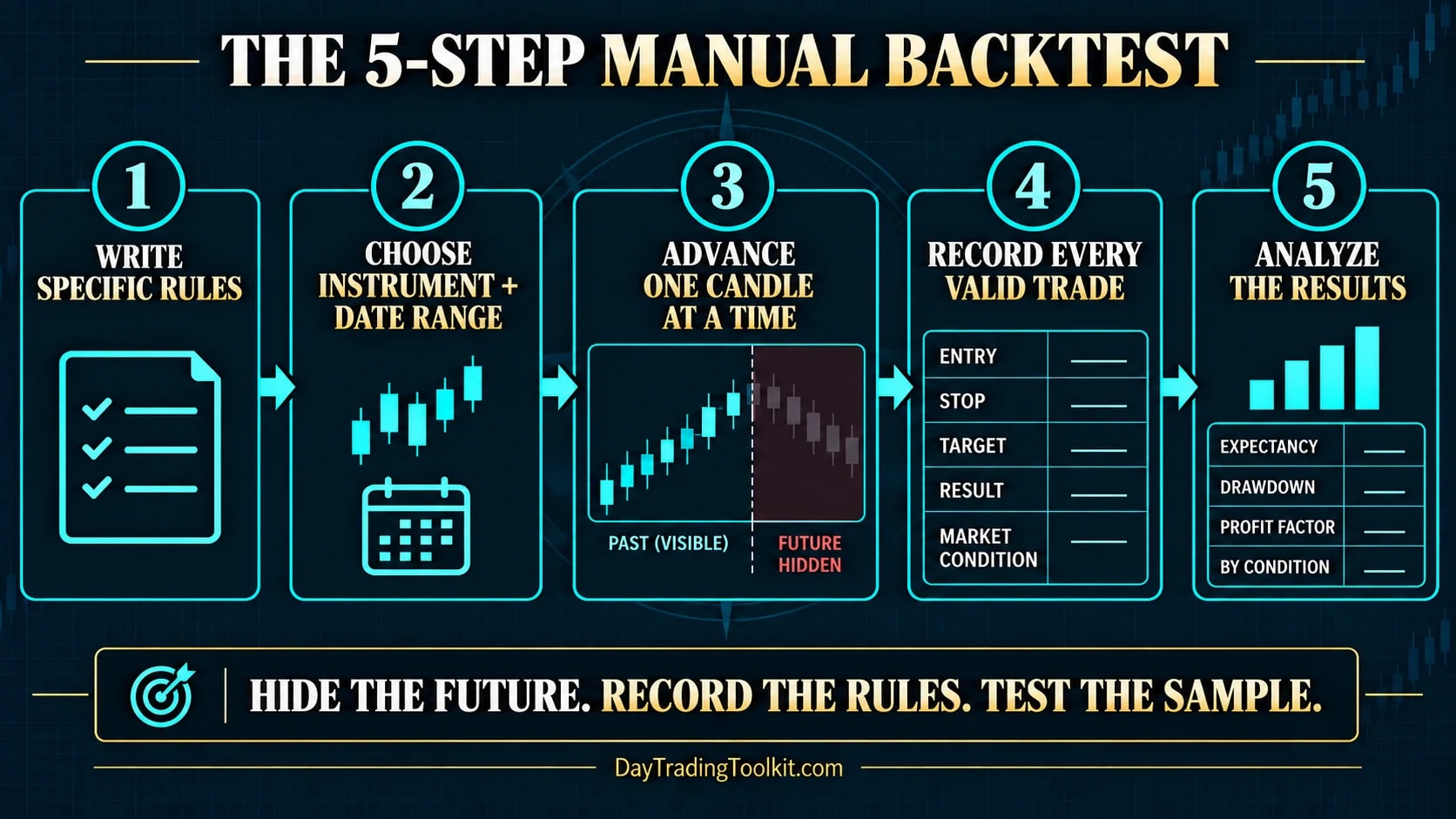 Five-step manual backtesting process from written rules to result analysis