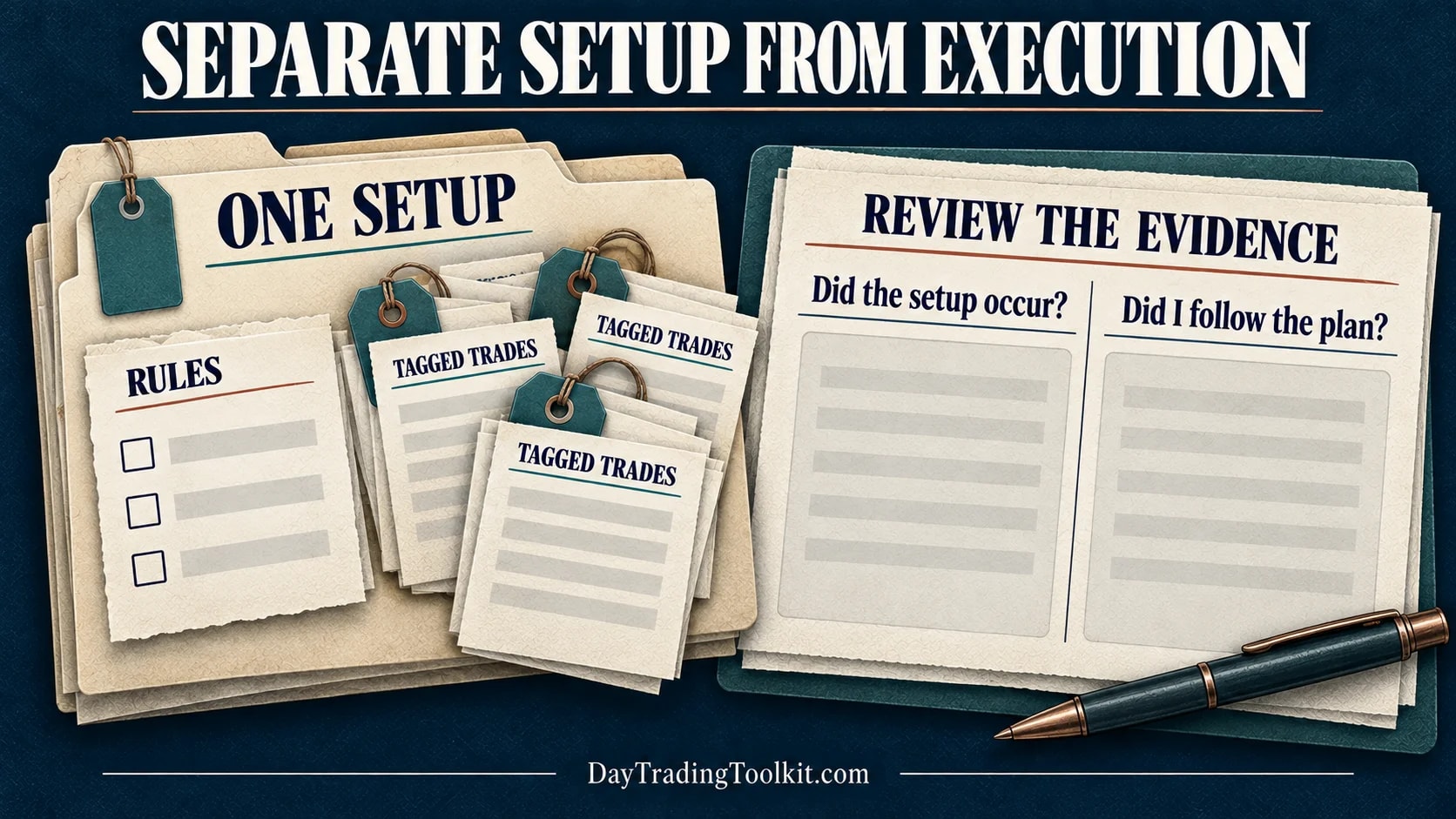 One defined setup groups tagged trades and separates whether a setup occurred from whether the trader followed the plan.