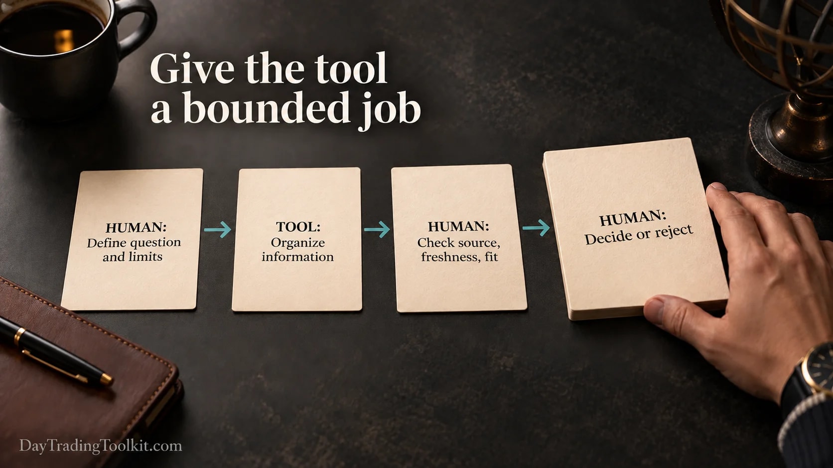 Human-AI workflow defines a bounded task, organizes information, verifies the output and accepts or rejects the decision.