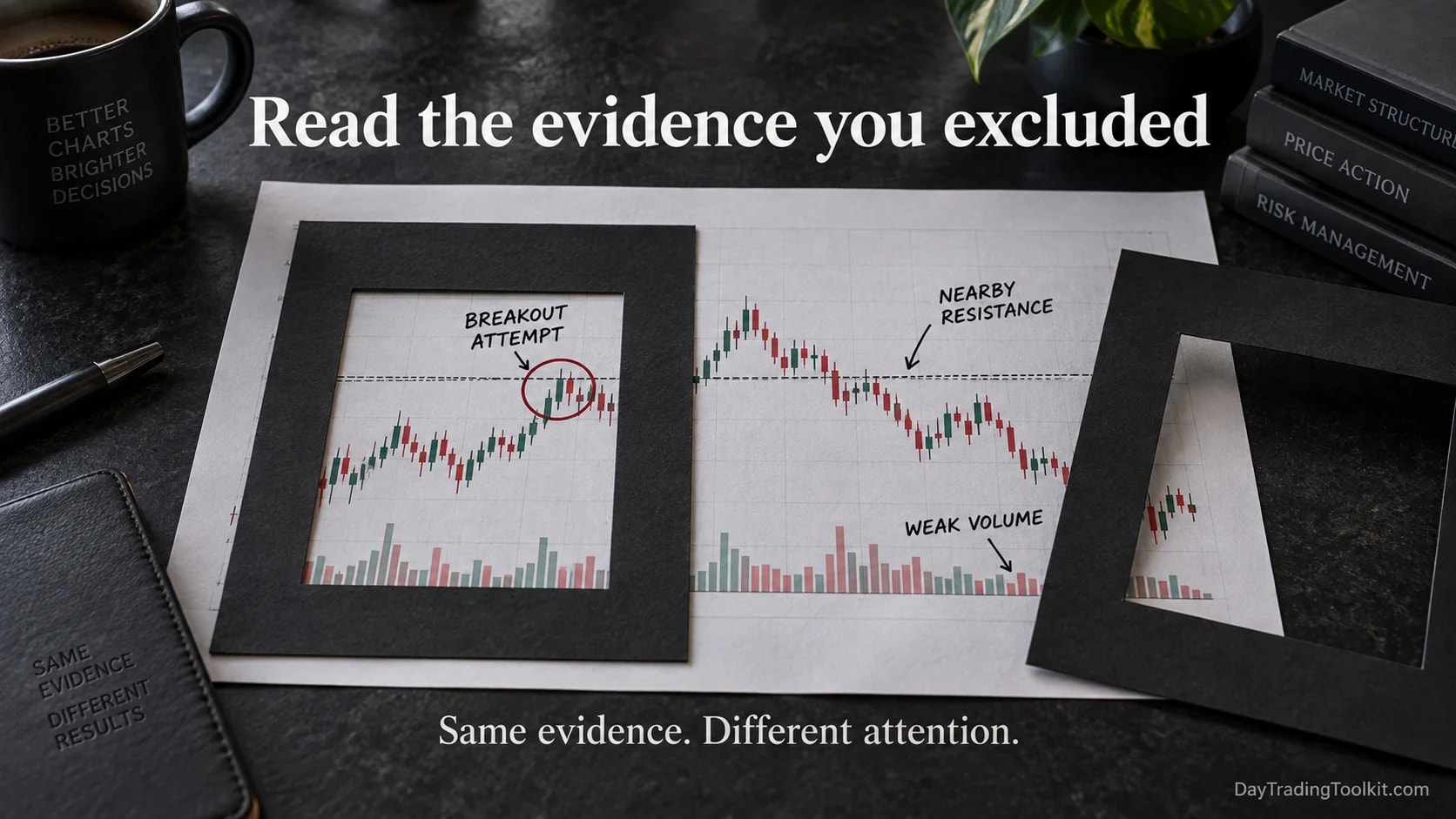 One hypothetical chart is partially masked to emphasize a breakout, then uncovered to reveal nearby resistance and weak volume.