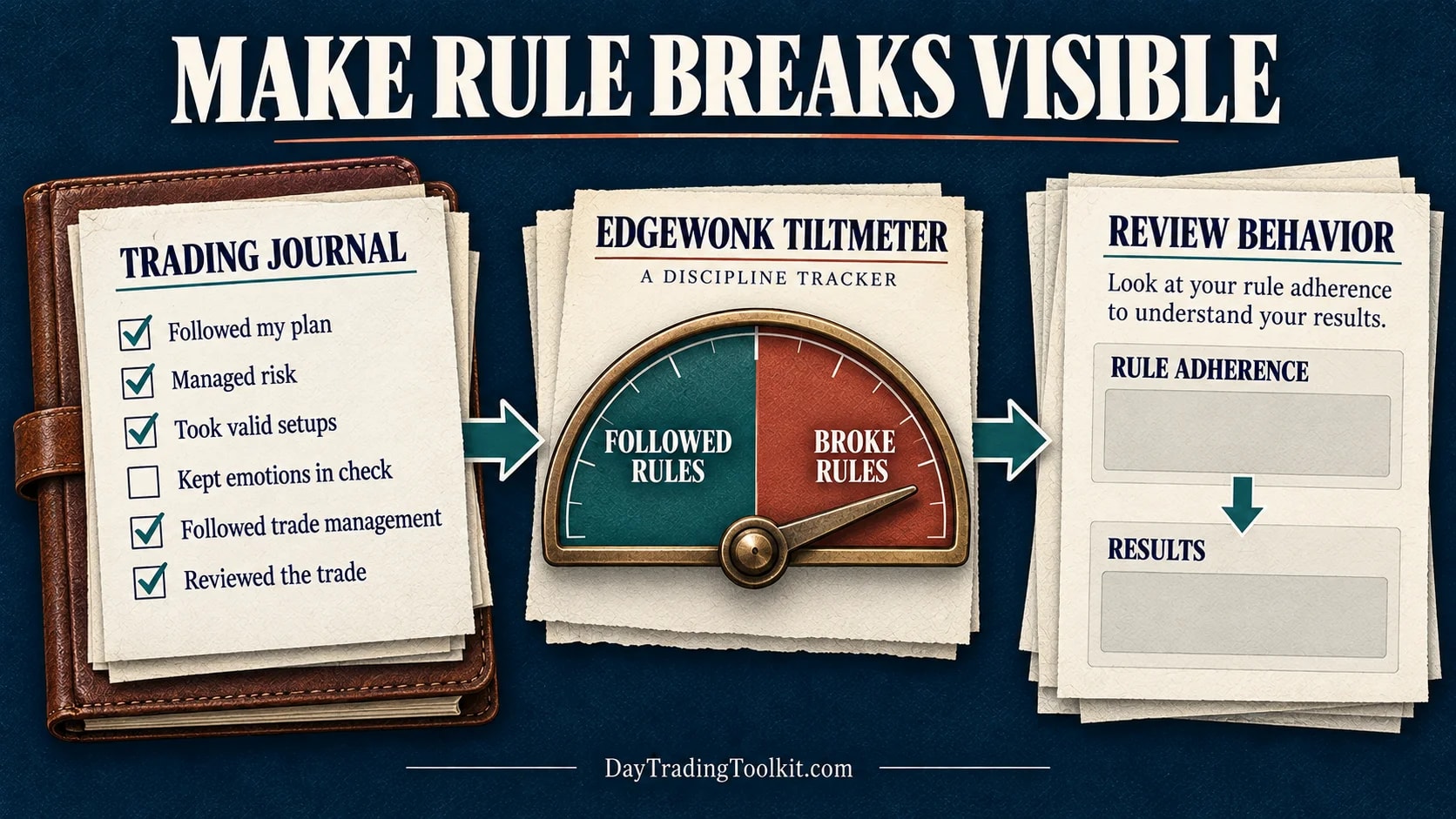 Journaled checklist behavior feeds Edgewonk’s Tiltmeter and a review of rule adherence beside outcomes.