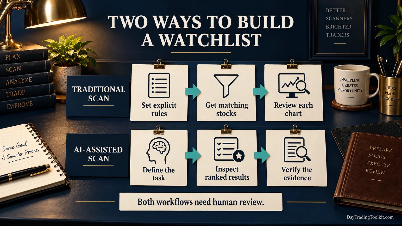 Traditional rule-led scan and AI-assisted scan shown as separate paths with human review in both.
