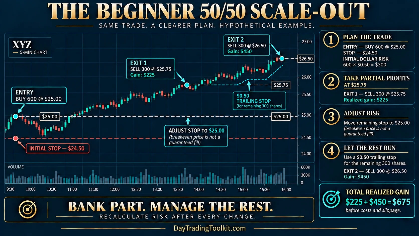 Hypothetical 600-share trade sells 300 at $25.75, trails 300 to $26.50 and totals $675 before costs and slippage.