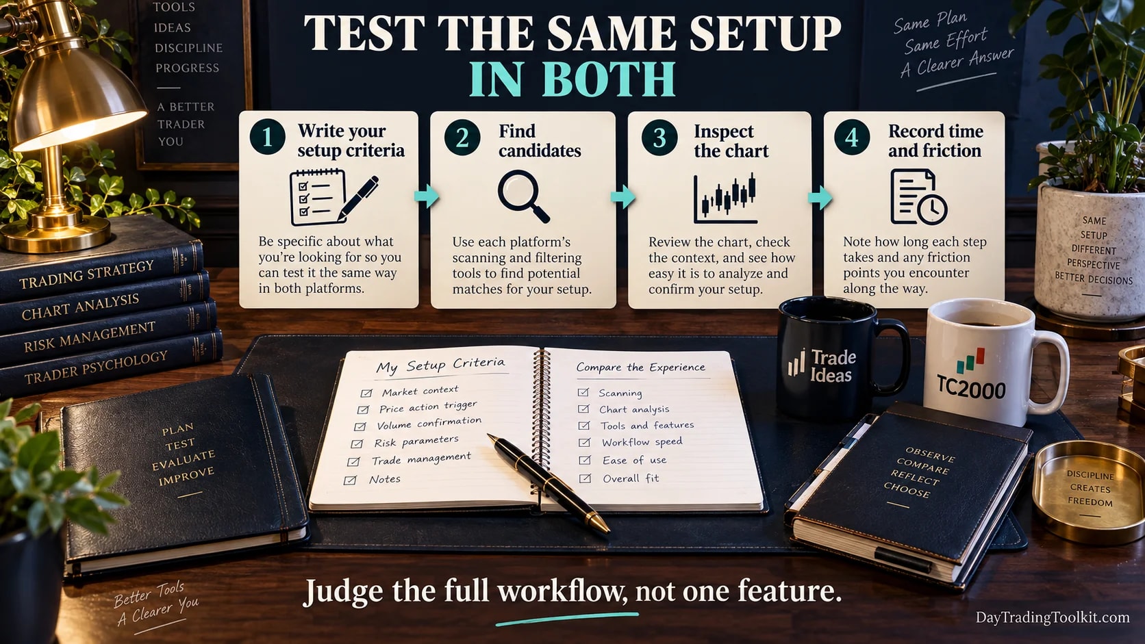 Same-setup test covering criteria, candidates, chart inspection, and workflow friction.