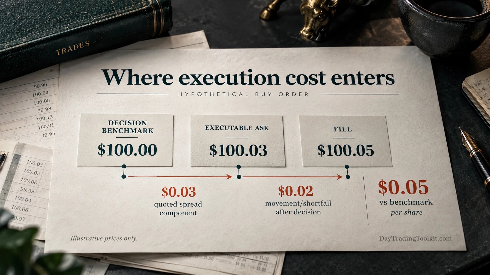 A hypothetical buy order compares the decision benchmark, executable quote and eventual fill to explain execution cost.