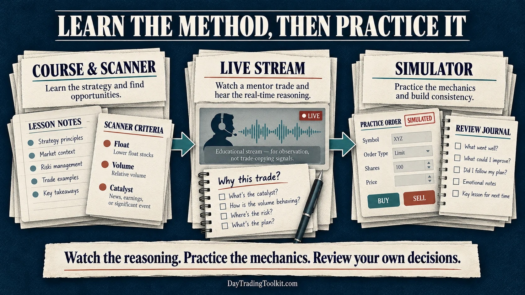 Warrior Trading course and scanner research lead to observing a live stream, then practicing in a simulated account.