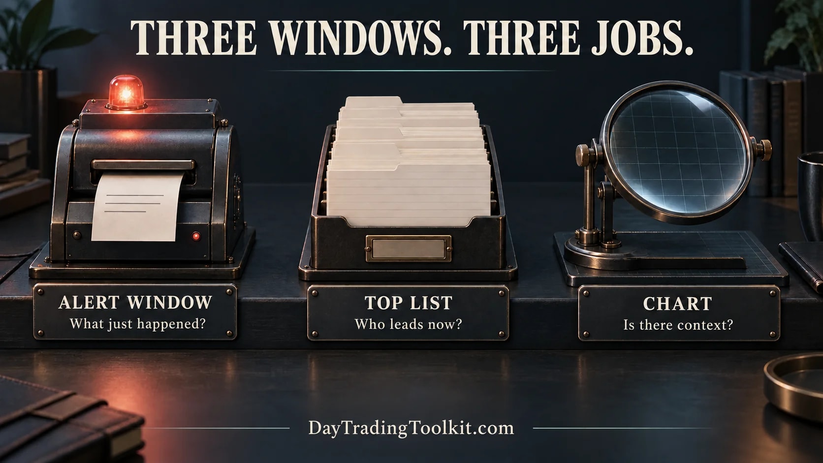 Alert windows report events, top lists rank current candidates, and chart windows provide context as three distinct workspace tools.