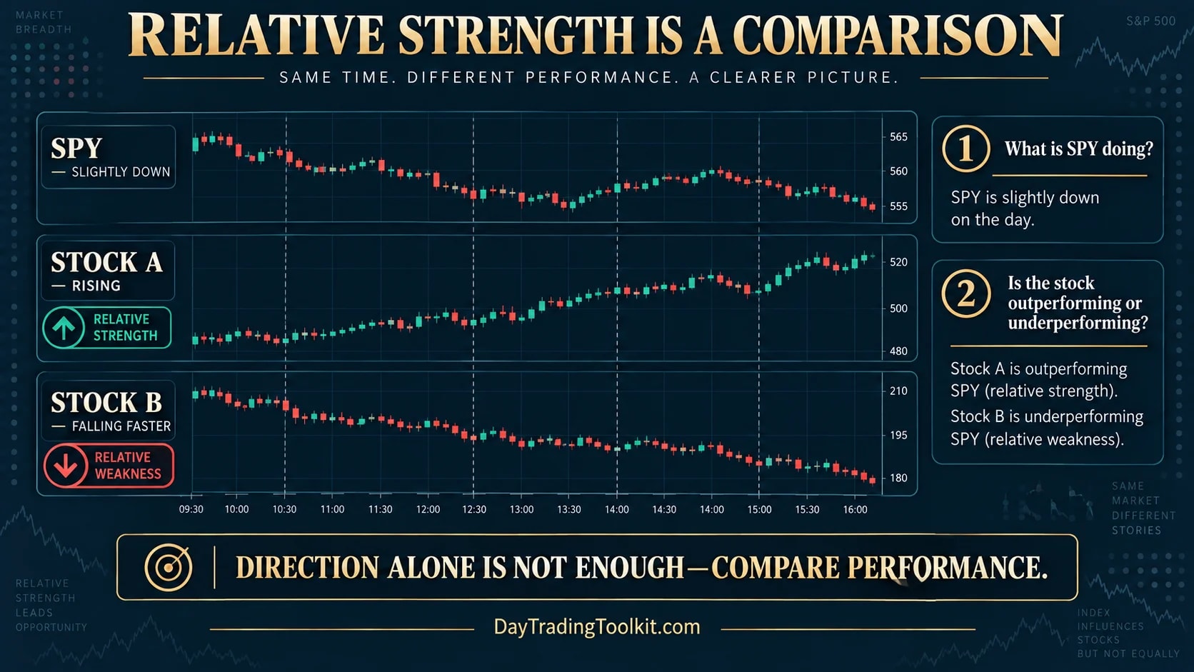 SPY, a rising hypothetical Stock A, and a faster-falling hypothetical Stock B are compared across the same time axis.