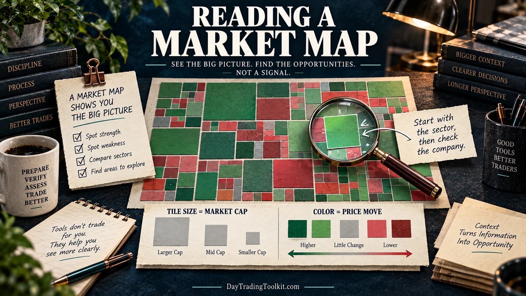 Illustrative market heatmap showing tile size as market capitalization and tile color as price movement.