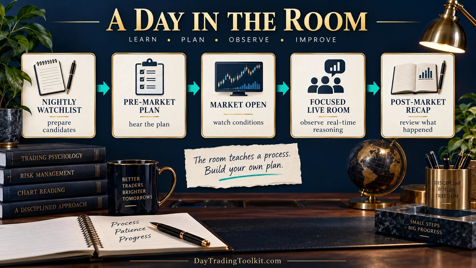 Editorial day-in-the-room sequence from preparation through the open, midday, and review, without fixed clock promises.