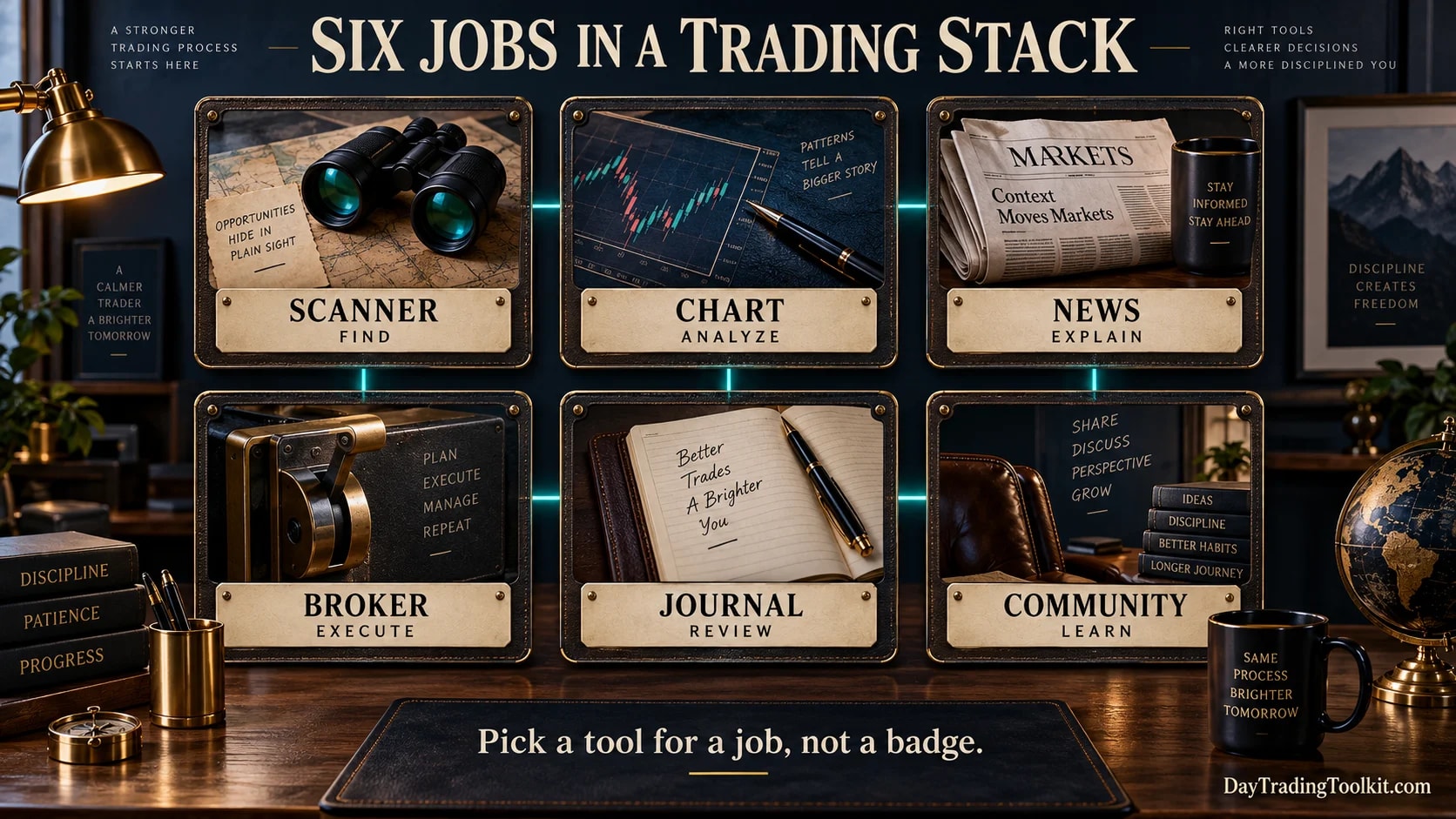 Six jobs in a trading stack: scanning, charting, news, brokerage, journaling, and community.
