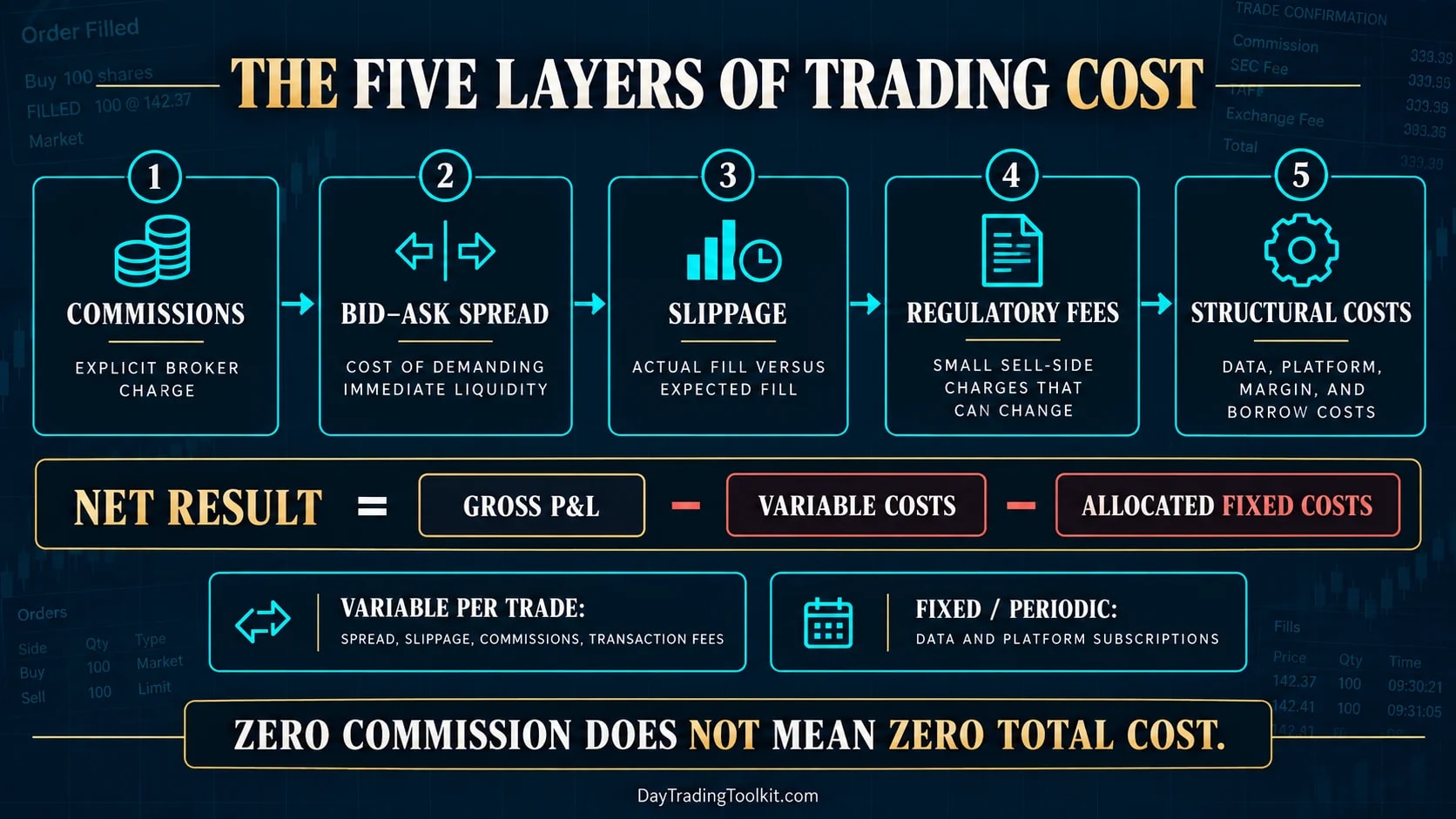 Five trading-cost layers separate commissions, spread, slippage, regulatory fees and structural overhead.