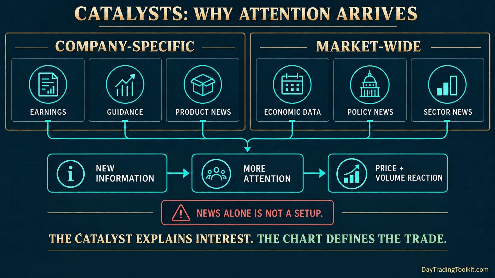 Company-specific and market-wide catalysts feed new information, attention, and a price-and-volume reaction.