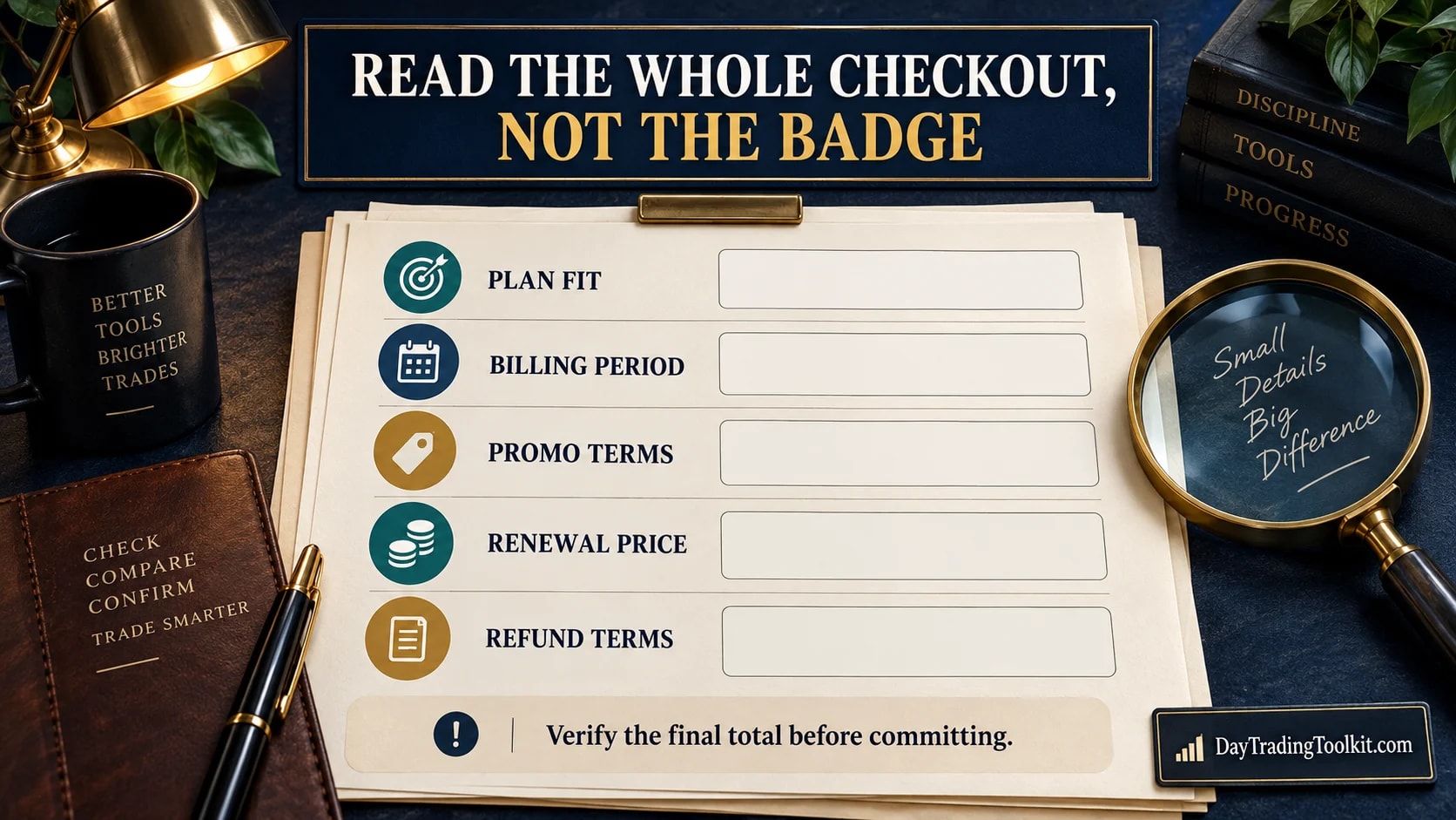 Checkout checklist for subscription amount and terms.