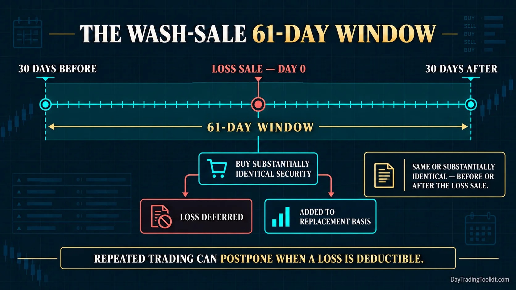 Wash-sale timeline showing the 30 days before and after a loss sale and how a replacement purchase can defer the loss.