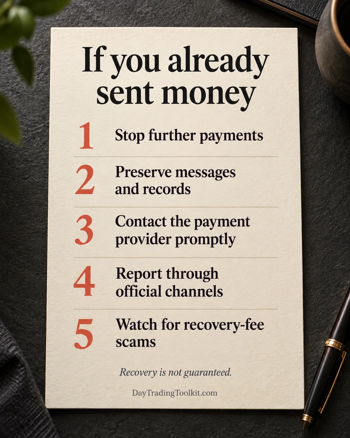 Response sequence stops further payments, preserves records, contacts the payment provider, reports through official channels and seeks support.