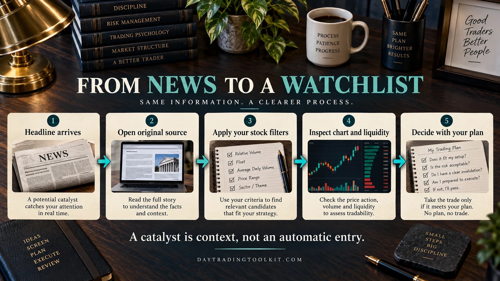 Five steps from a headline and original source to filters, chart review, and a trade plan.