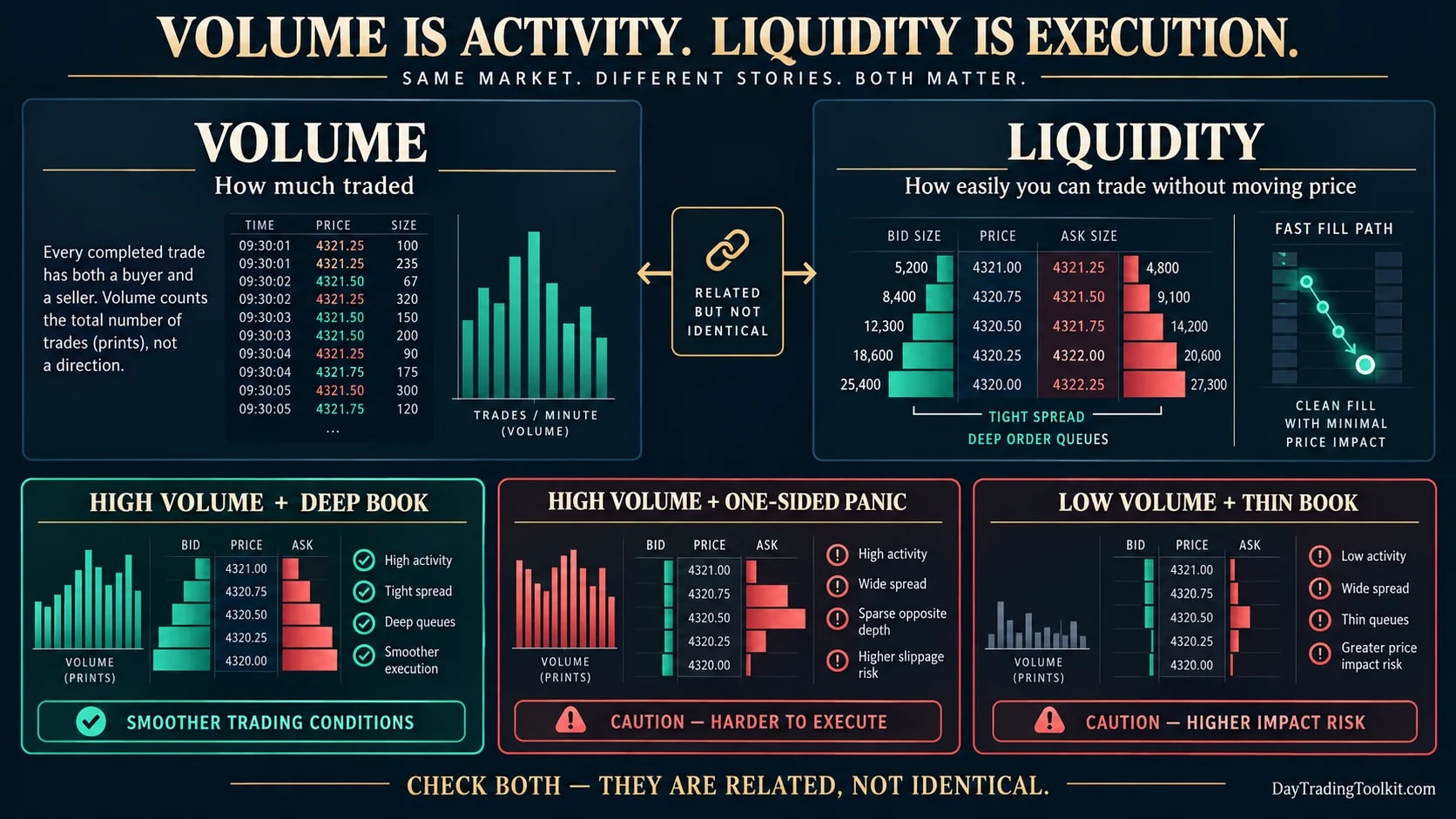 Comparison of trading volume and liquidity using volume bars, order-book depth, spread, and fill-path examples.