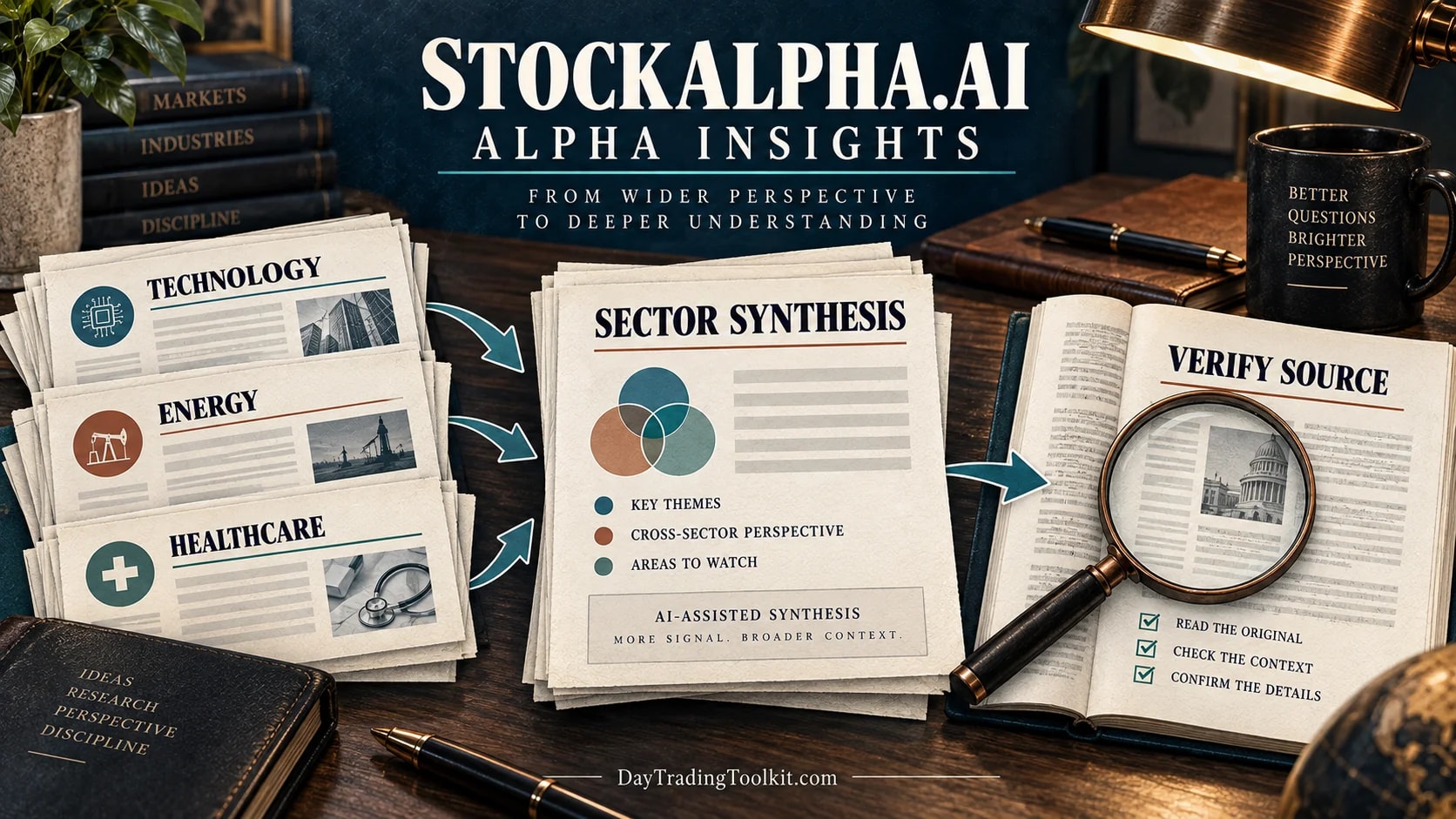 StockAlpha.ai Alpha Insights brings multiple sector sources into an AI-assisted synthesis, followed by verification against original material.