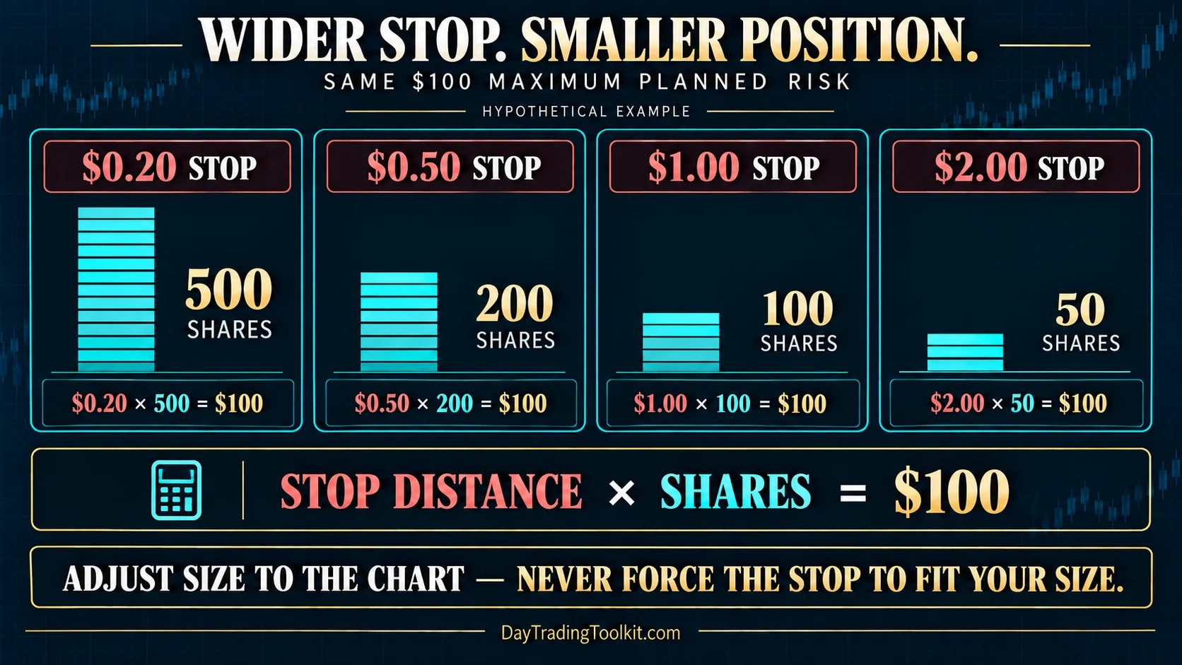 Share count decreasing as stop-loss distance increases for the same dollar risk