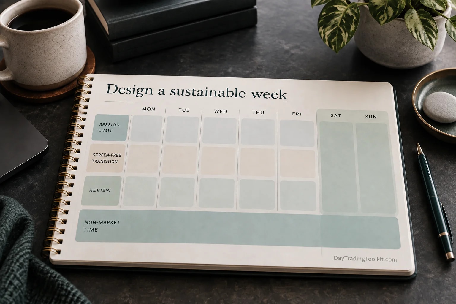 A weekly plan protects trading limits, screen-free transitions, review blocks and non-market time.