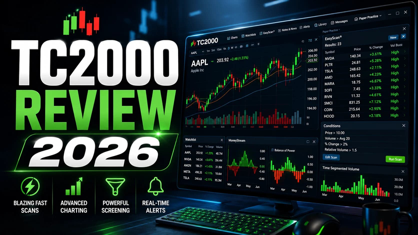TC2000 Review 2026 featuring EasyScan stock scanner, advanced charting, and real-time alerts