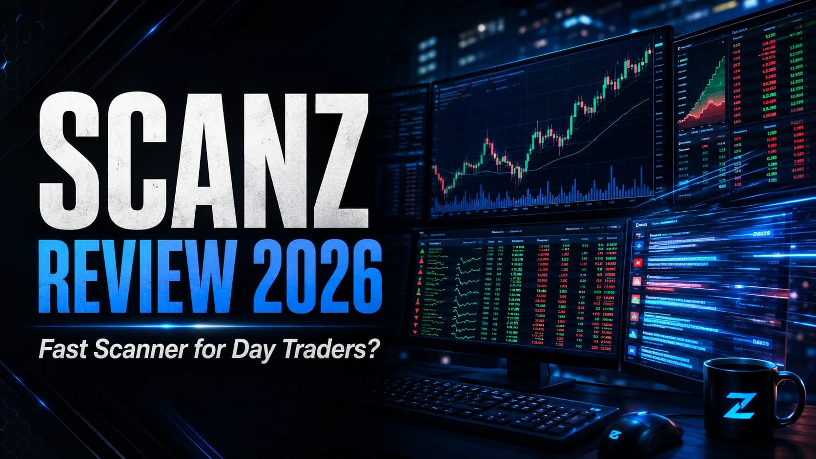 Featured image for Scanz Review 2026 showing a real-time stock scanner dashboard, trading charts, and news feed visuals for active day traders.