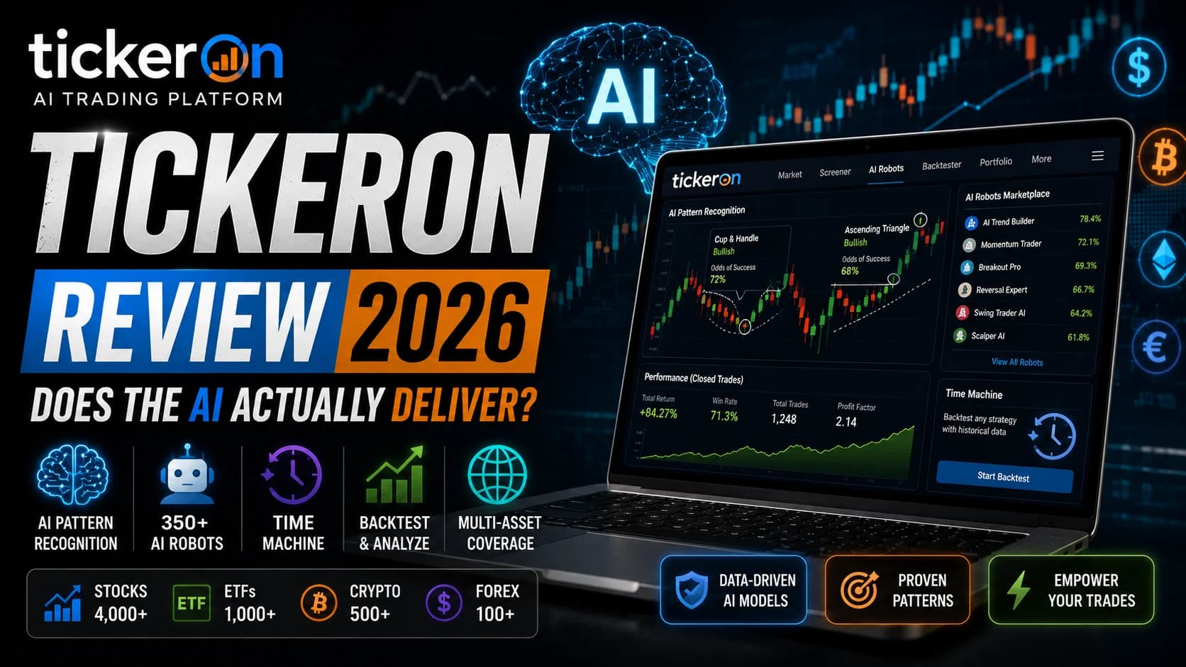 Tickeron Review 2026 featured image showing Tickeron's AI-powered trading platform, pattern recognition engine, AI trading robots, Time Machine backtesting tool, multi-asset market coverage,