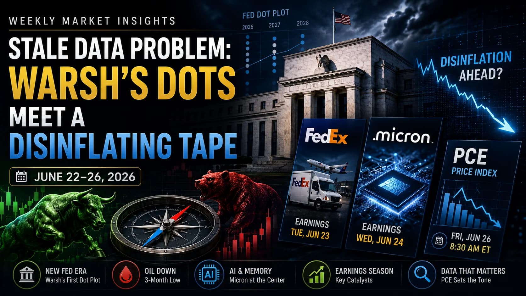 Weekly Market Insights June 22–26, 2026 featuring Fed policy, PCE inflation, Micron earnings, and major market catalysts.